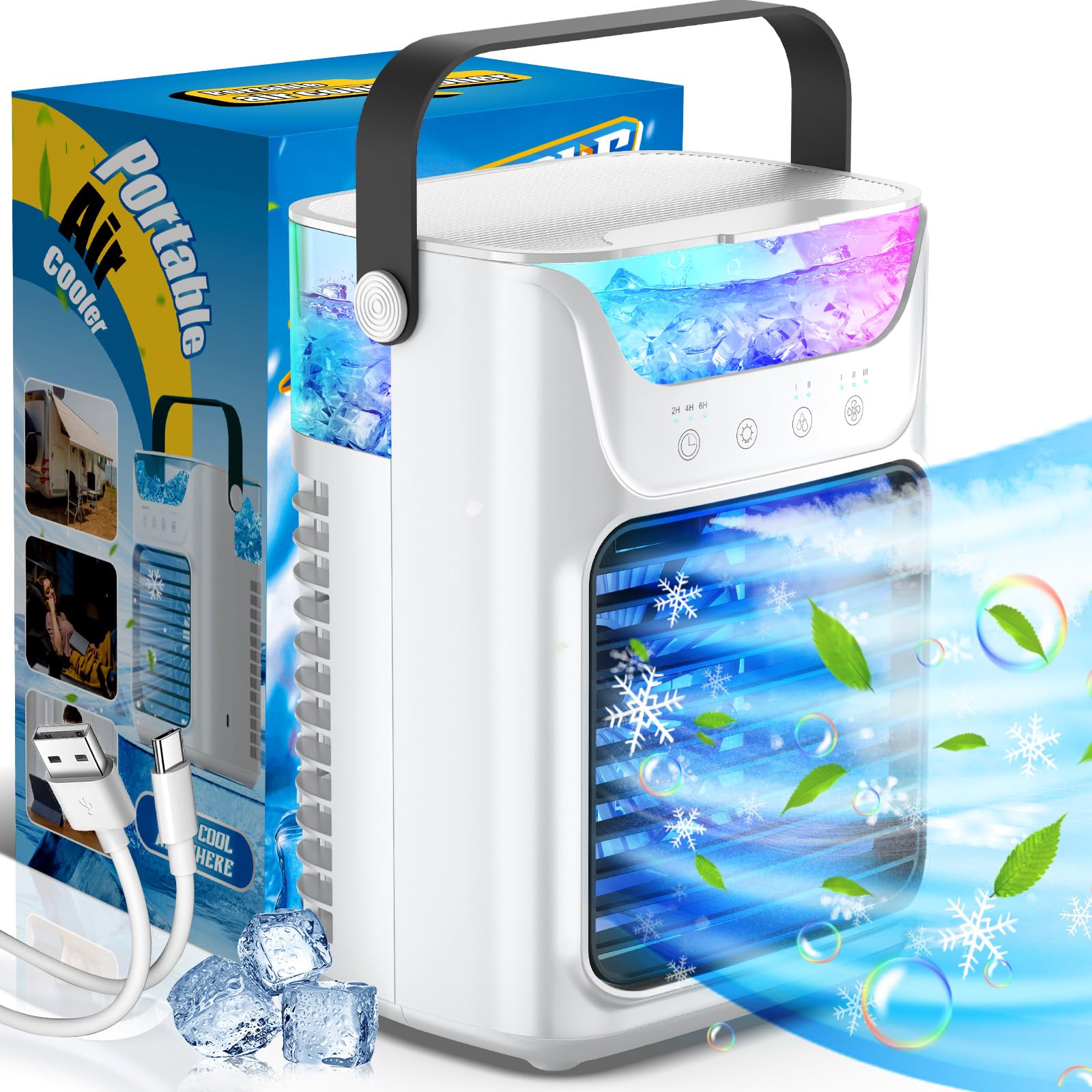 Photo 1 of (MISSING POWER CABLE) Portable Air Conditioners, 3 Wind Speeds & 7 LED Lights Evaporative Personal Air Cooler, 4 in 1 Portable AC with 650 mL Large Water Tank, Mini Air Conditioner for Bedroom/Car/Home/Camping/Room