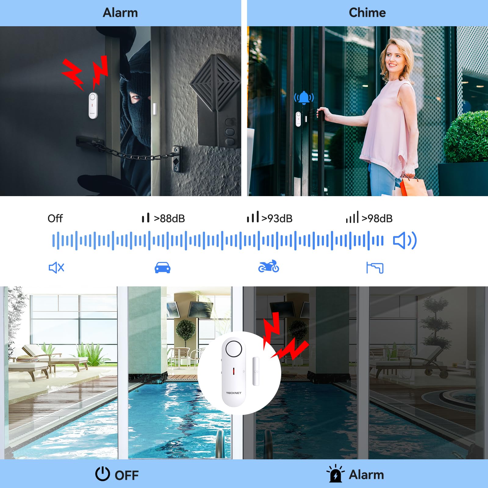 TECKNET Door Alarms for Kids Safety, Window Alarm Pool Alarms Door Alarm for Home Security, 2-in-1 Alarm & Chime, 3-Level Volume Control, Wireless Alarm for House Hotel Cars Sheds Caravans (3 Pack)