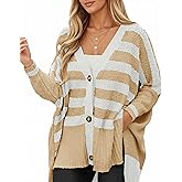 Saodimallsu Womens Oversized Striped Cardigan Sweaters V Neck Fuzzy Knit Button Up Side Slit Fall Sweater Coats