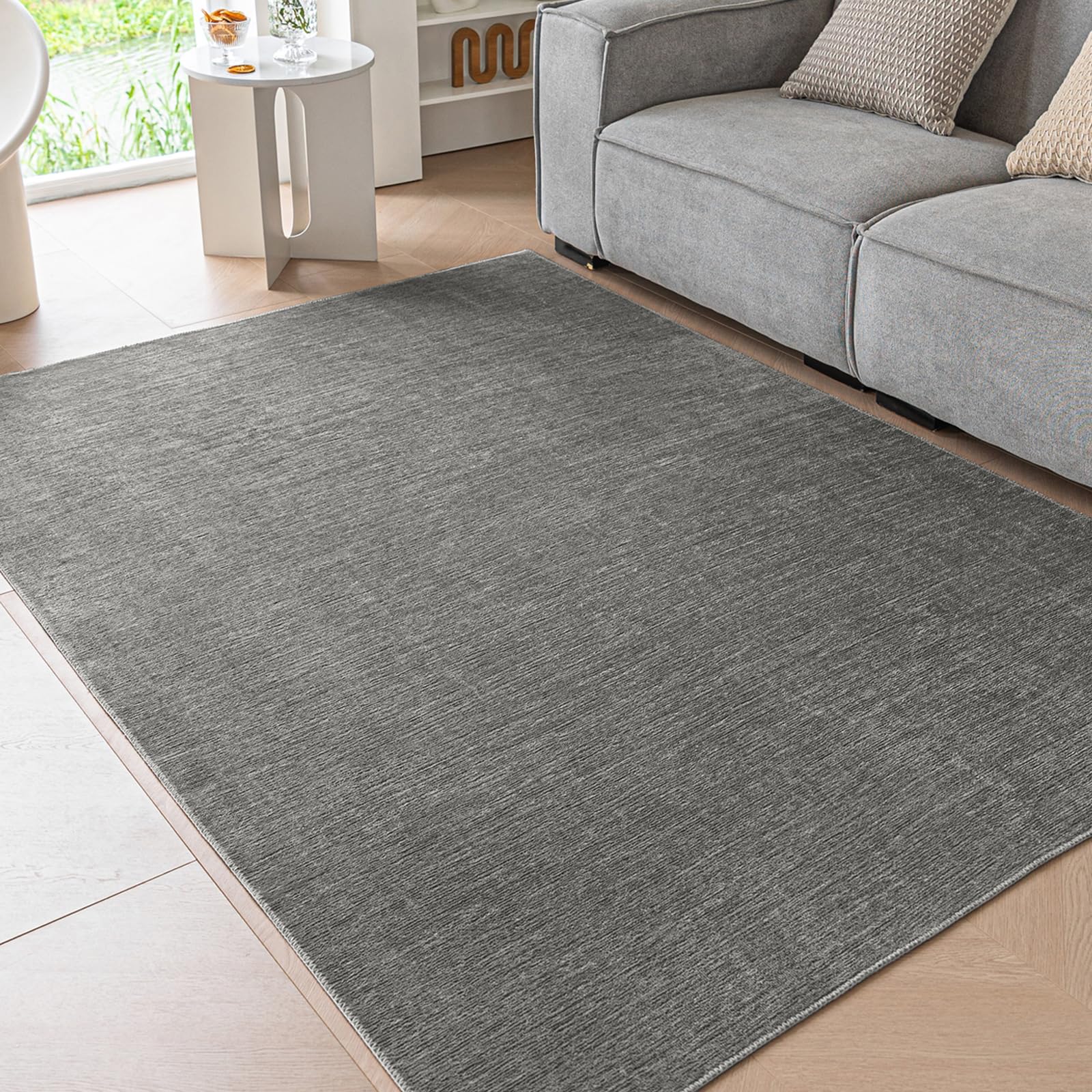 Ceneco Low Pile Washable Rug, Non-Slip Soft Chenille Rugs for Bedroom, Short Pile Kids Room Mat, Carpet for Living Room,Thin Area Rugs(Dark Grey, 60×120cm)