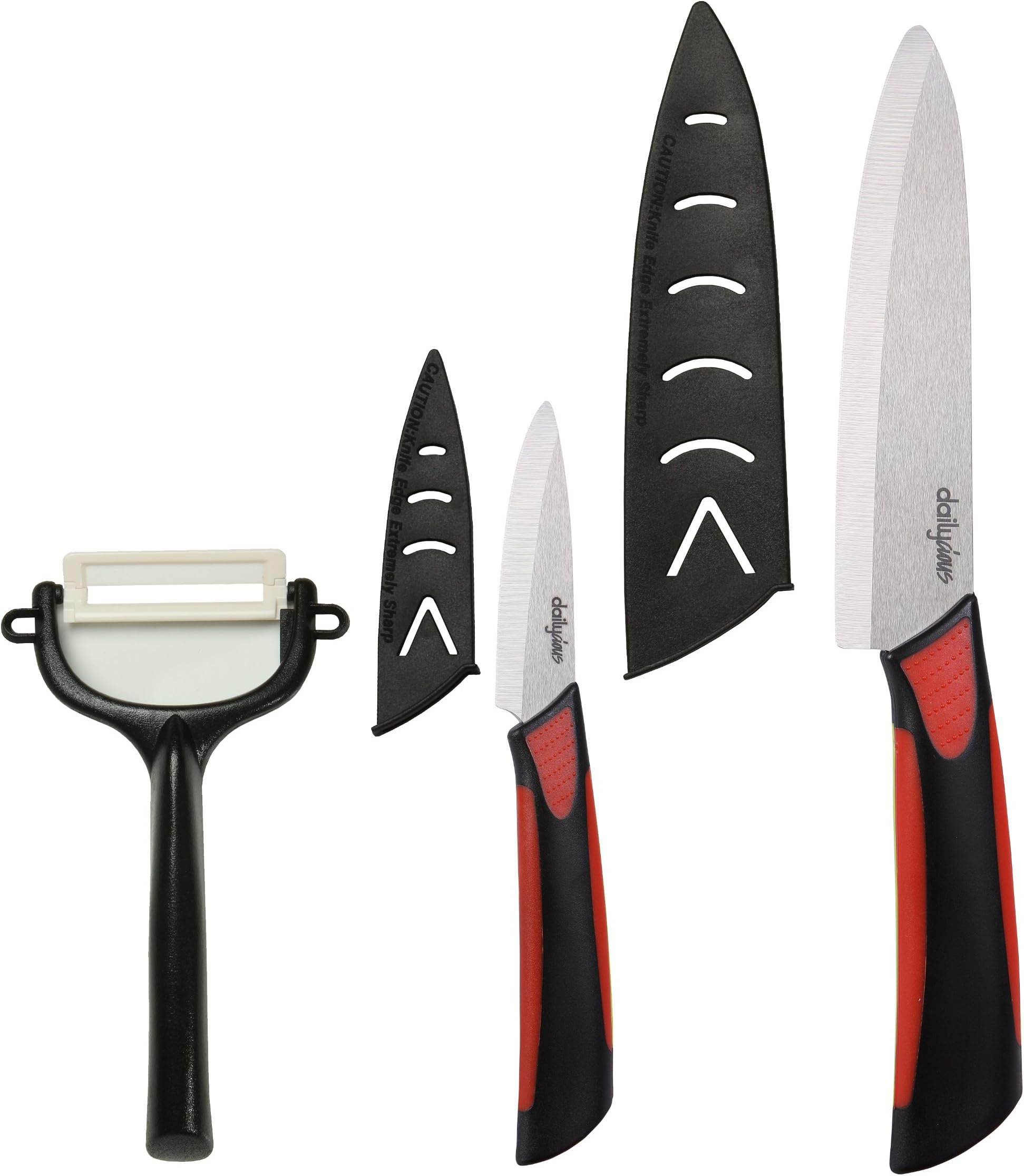 Dailycious ®Set of 3 Pieces Ceramic knife TITANIUM silver//handle Bi-Color ABS Black/red Silicone // 1 chef knife 15cm Paring Knife 7.5cm + 1 + 1 peeler + protection sheaths