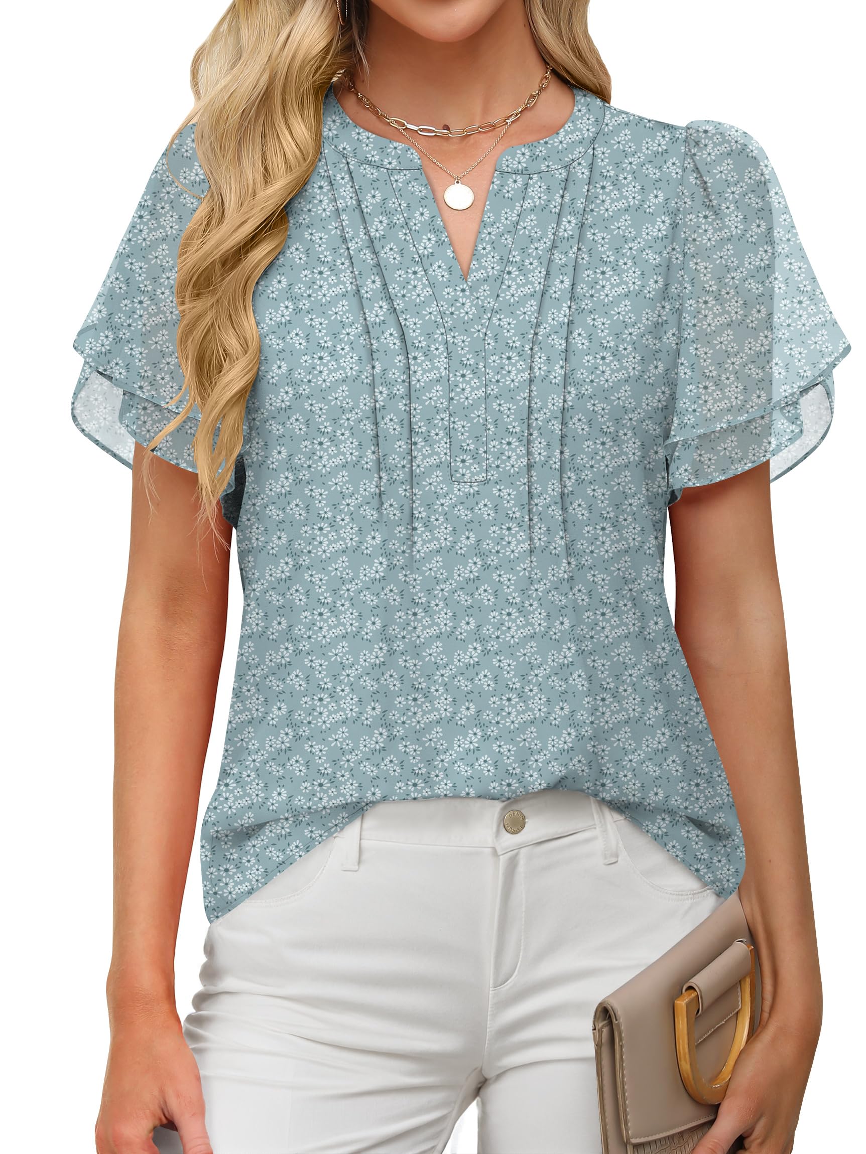 ANRABESS Womens Dressy Chiffon Blouses V Neck Petal Short Sleeve Shirts ...