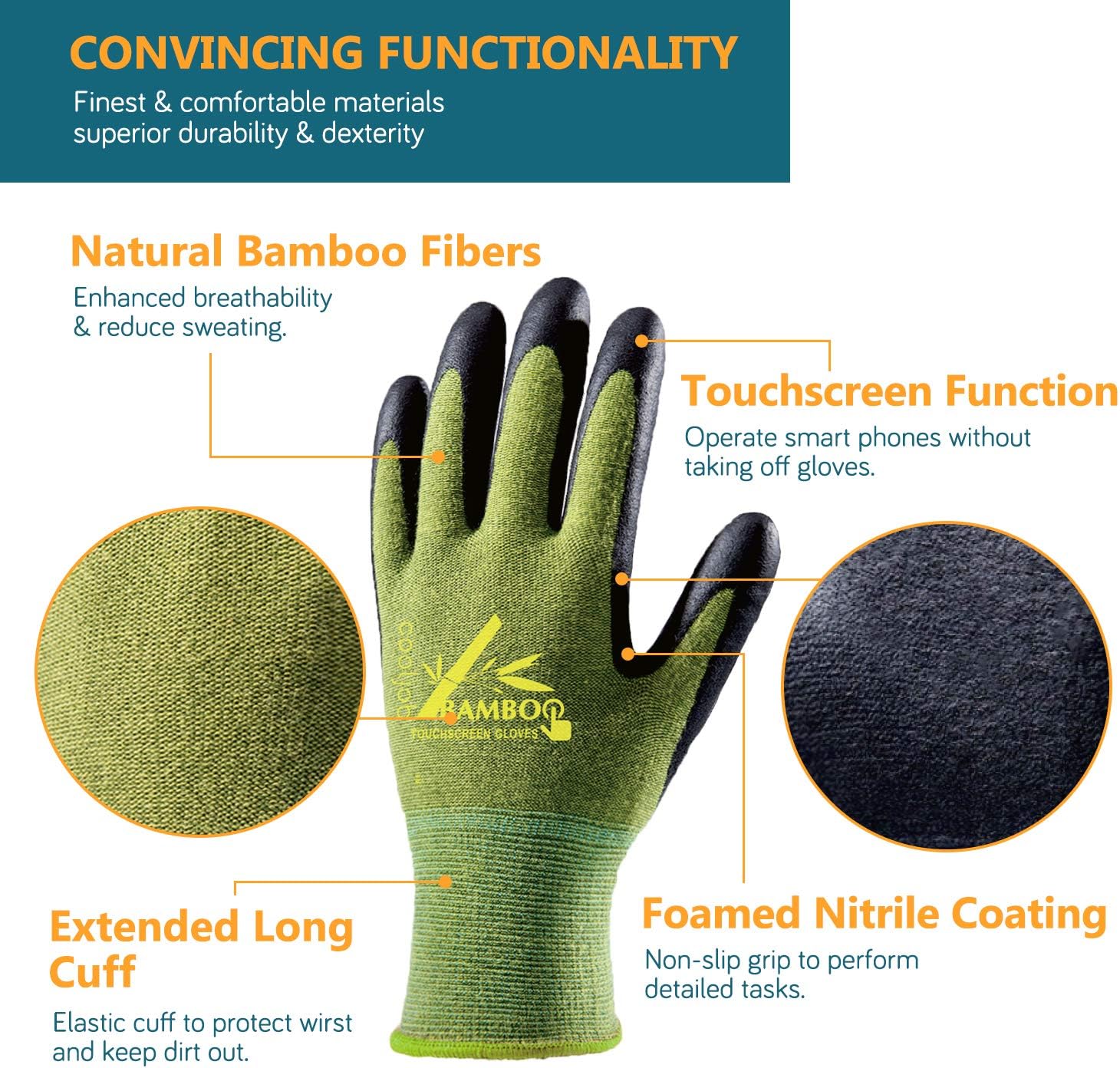 COOLJOB 2 Pairs Bamboo Working Gloves for Women and Men, Gardening Gloves Touchscreen, Grippy Nitrile Rubber Coated Work Gloves, Green, Medium Size (2 Pairs M) : Garden & Outdoor