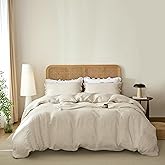 Talasily 100% French Linen Duvet Cover Set 3pc - Zipper Closure & 8 Corner Ties with Ruffled Pillowcases All-Season Breathable Bedding (Queen,Natural Linen)