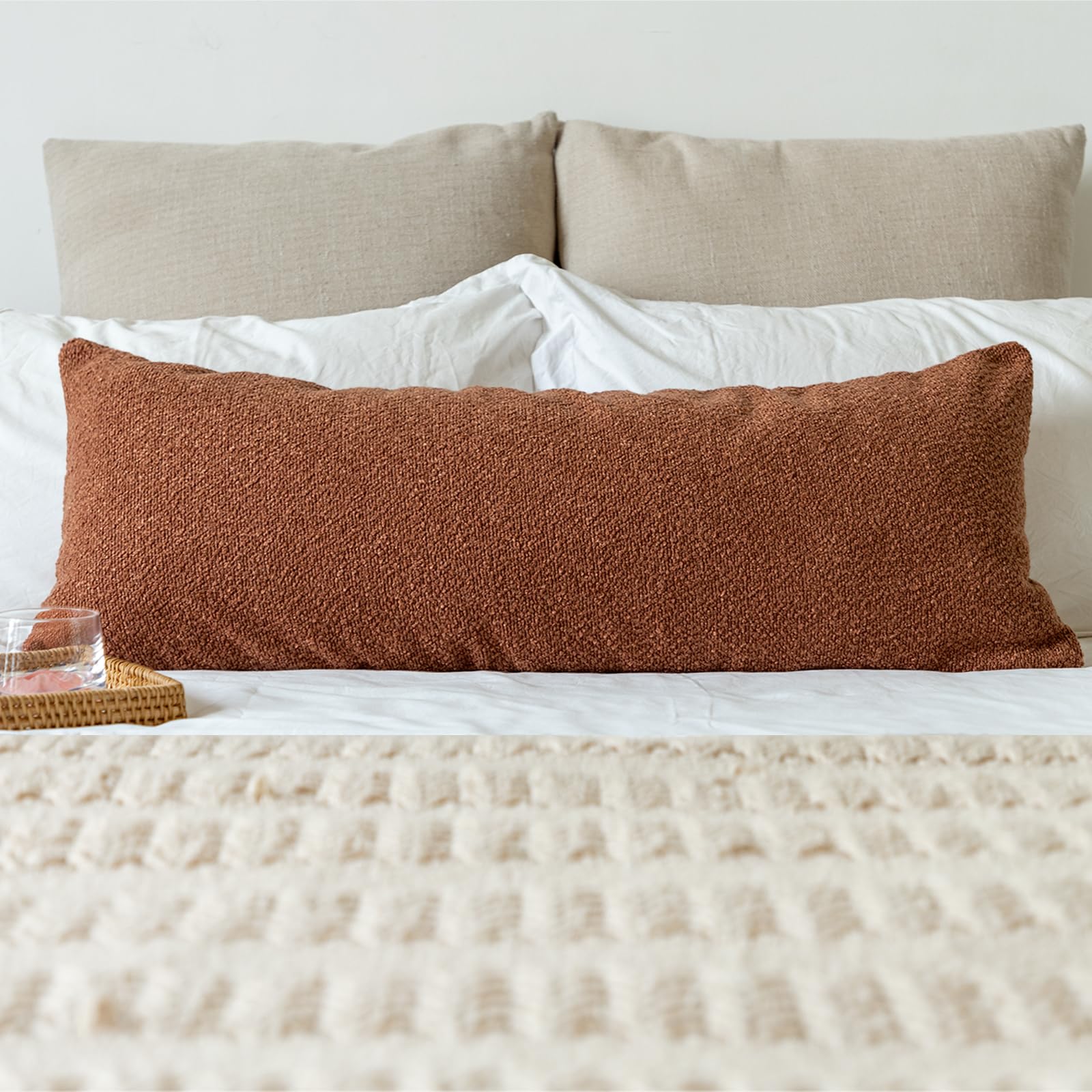 Photo 1 of JoraLion 14x36 inch Boucle Lumbar Pillow Cover, Rust Woven Texture Neutral Long Pillow Cover Breathable Cushion Case for Couch Sofa Bed Living Room Home Decor (Cover Only)