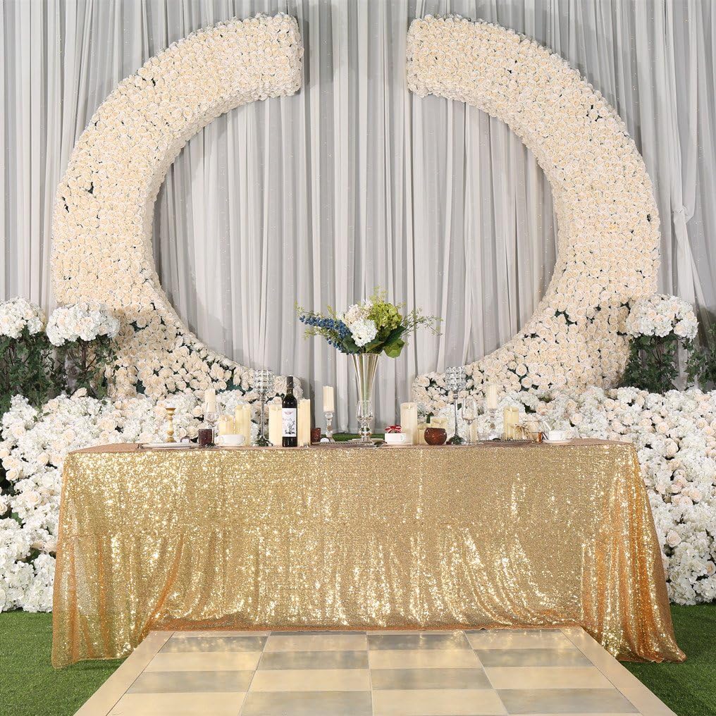 PartyDelight Sequin Tablecloth, Wedding, Sweetheart, Christmas Tree, Rectangular, 60"x 102", Light Gold