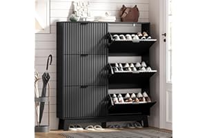 HUANLEGO Shoe Cabinet Storage for Entryway with 6 Flip Drawers, Fluted Narrow Shoe Organizer with Wooden Legs, Freestanding Slim Shoe Storage Hidden Shoe Rack Organizer for Front Door Entrance, Black