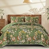 WONGS BEDDING Quilt Set Queen Size, Green Botanical Bedspread Bedding Set, 3 Pieces Floral Quilt with 2 Pillowcases, Soft Lightweight Microfiber Coverlet Set for All Season (96"x90")