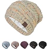Durio Satin Lined Beanie for Women - Windproof Slouchy Winter Hat Silk Lining Soft Knit Warm Fashionable Knit Hat