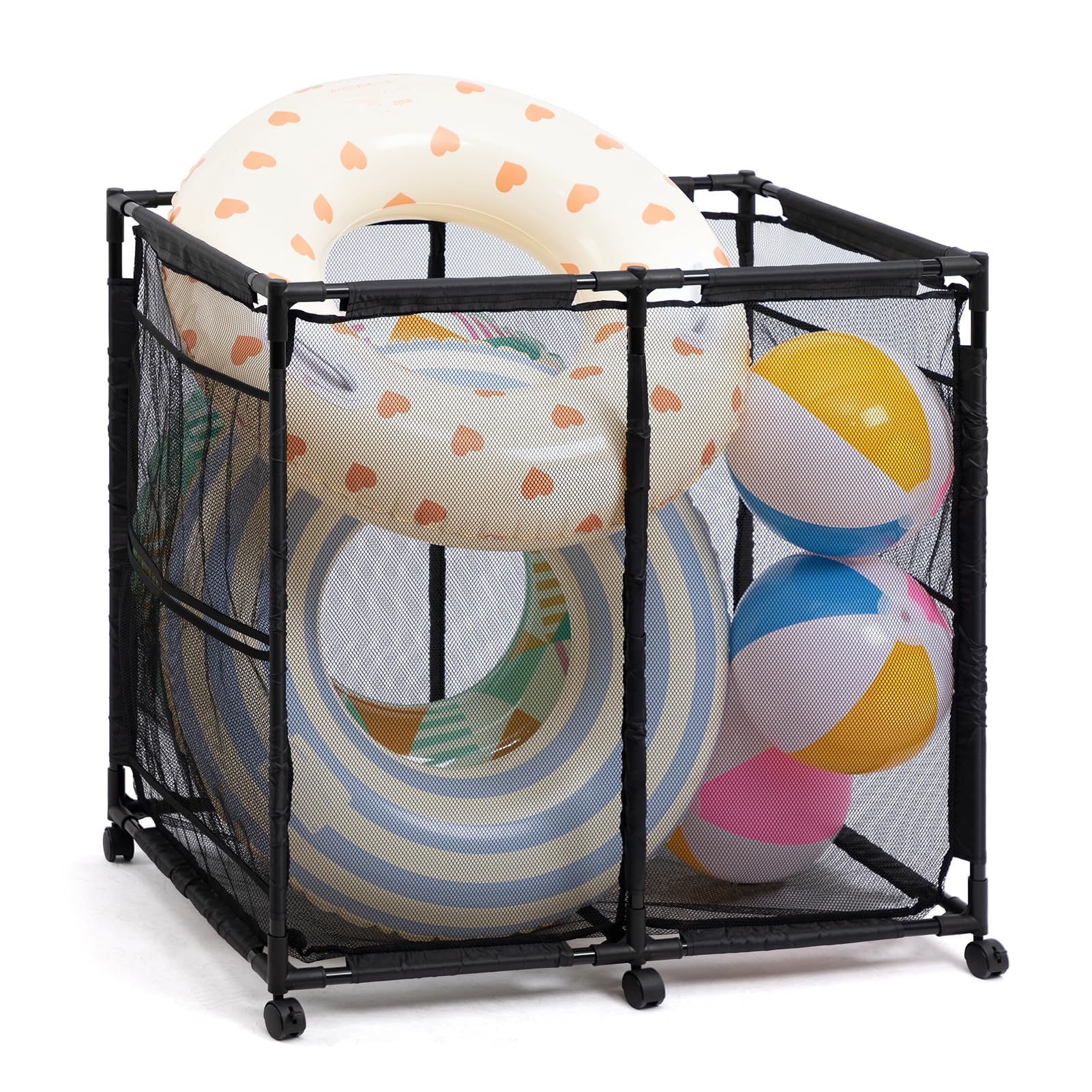 Photo 1 of ALIMORDEN Pool Storage Bin, Rolling Mesh Basket Organizer, Metal Frame Container Holder for Swimming Balls, Floats, Toys and Beach Towels, Black