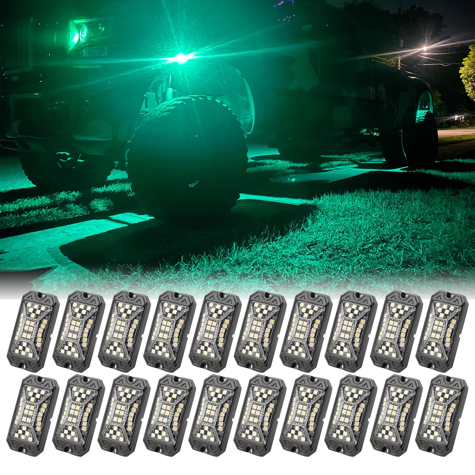 Photo 1 of SUNPIE 20 Pods RGBW Rock Lights – Full Beam Angle, 30 High Power Chips, Aluminium Housing, Mounting Pads Included, IP67 Waterproof, Music Mode Underglow Lights, Fits Trucks, SUV, ATV, UTV, Boats
