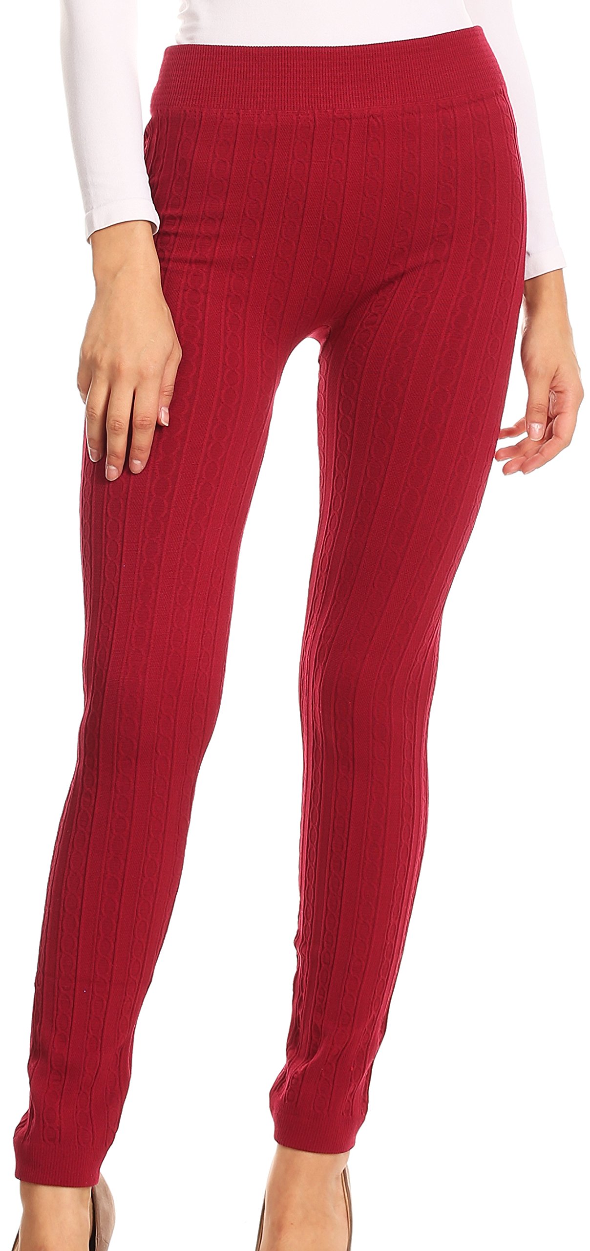 Sakkas 200TX Warm Cable Knit Fleece Lined High Waist Leggings - Burgundy - One Size