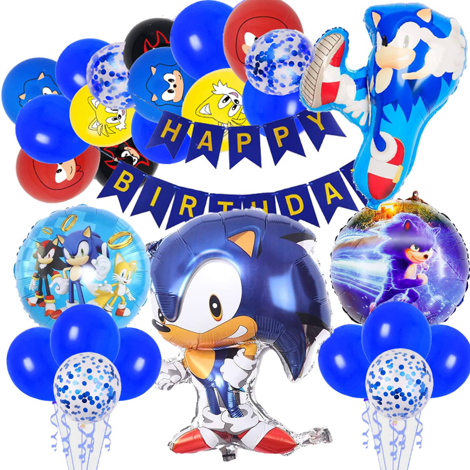 XIAOMA 42 pcs Sonic Birthday Party Supplies,the hedgehog Decorations Include Banner,Latex Balloons and Helium Foil Balloons