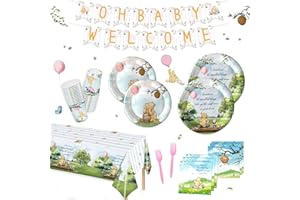 AURORAPARTY 122pcs Vintage Winnie Bear Baby Shower Decorations Pooh Birthday Party Supplies for Girls Newborn Pink Paper Plates Napkins Cups Fork Tablecloth Banner Girls Birthday Decorations for 24 Guests