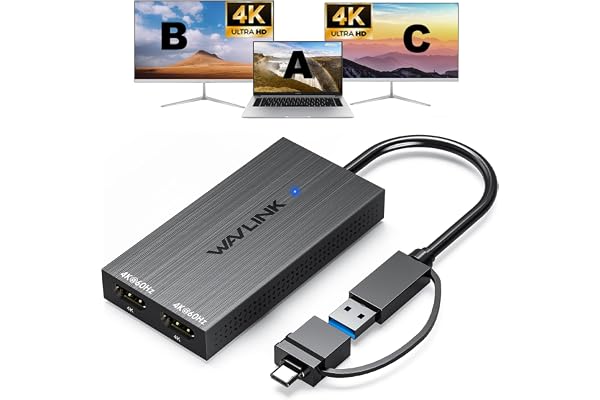 WAVLINK USB 3.0 & USB C to Dual HDMI Adapter 4K@60Hz for 2 Monitors, DisplayLink USB C HDMI Adapter for Dual Monitor, for Mac