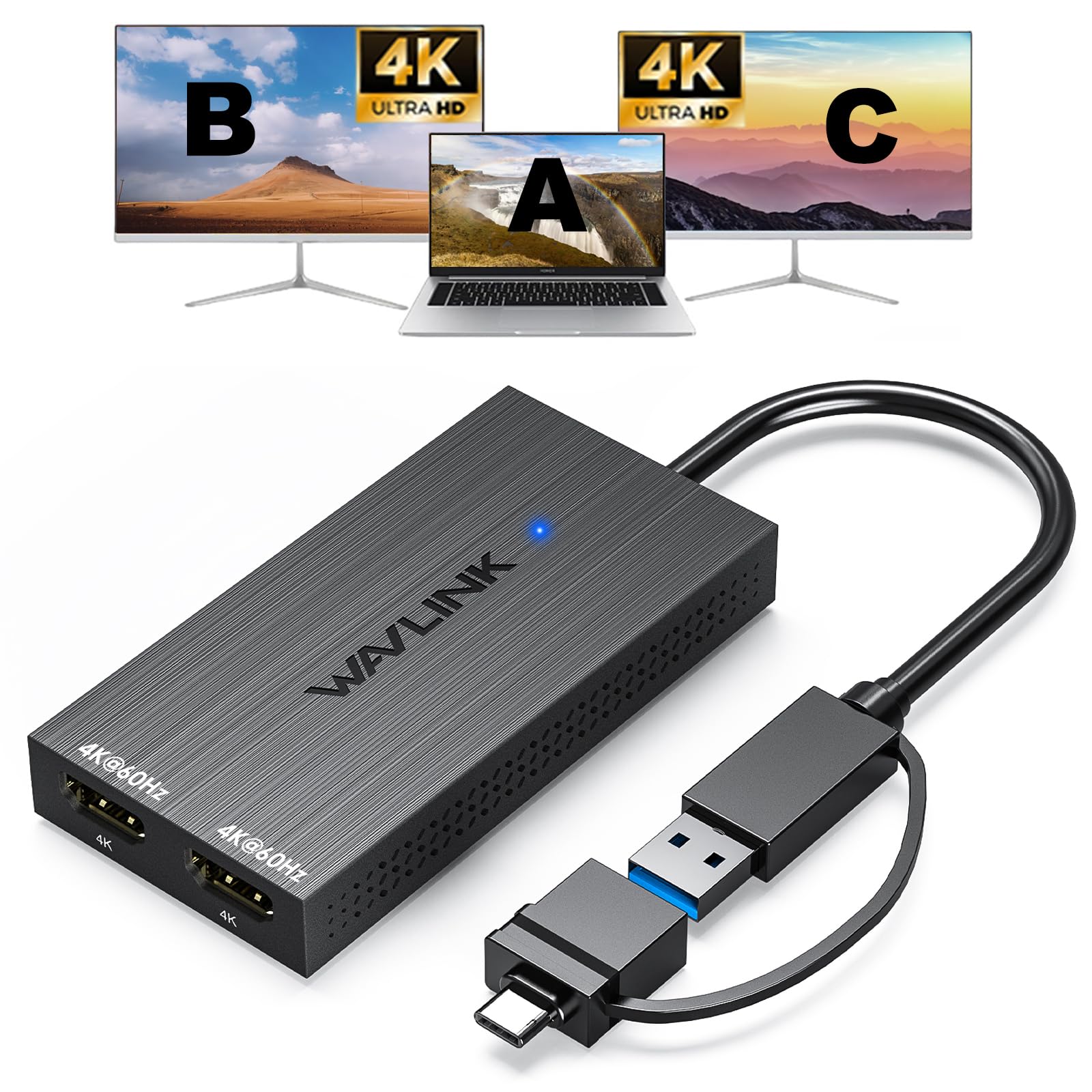 Photo 1 of WAVLINK USB 3.0 & USB C to Dual HDMI Adapter 4K@60Hz for 2 Monitors, DisplayLink USB C HDMI Adapter for Dual Monitor, for Mac M1/M2/M3, Windows, ChromeOS, Ubuntu, Android