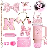 Mity rain 9PCS Pink Cup Accessories Set for Stanley Cup 30oz 40oz tumbler with handle - Includes Strap,Straw Bow Decorate,Straw Topper,Boot,Spill Proof Stoppers,Handle Charms,Sticker (Initials N)