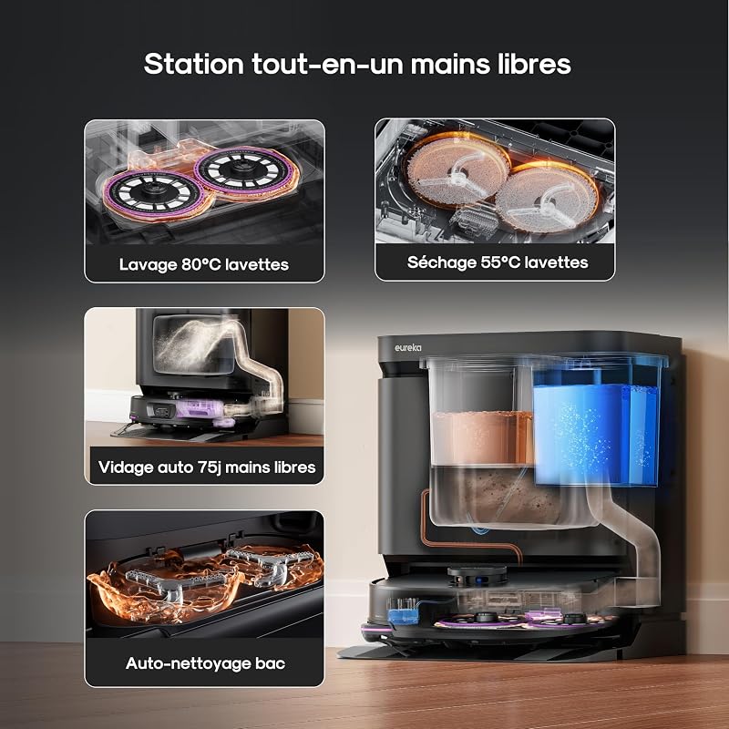 Robot Aspirateur Laveur. Serpillière & Brosse latérale Extensible, Aspiration 22000 Pa. Station autonettoyante, Lavage serpillière Eau 80℃, IntelliView 2.0, Anti-emmêlement, Noir,J15 Max Ultra