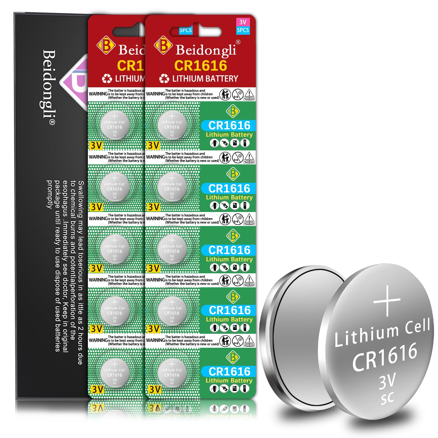 Beidongli CR1616 Battery 3V Lithium Battery Coin Button Cell 10 Pack 【5-Year Warranty】