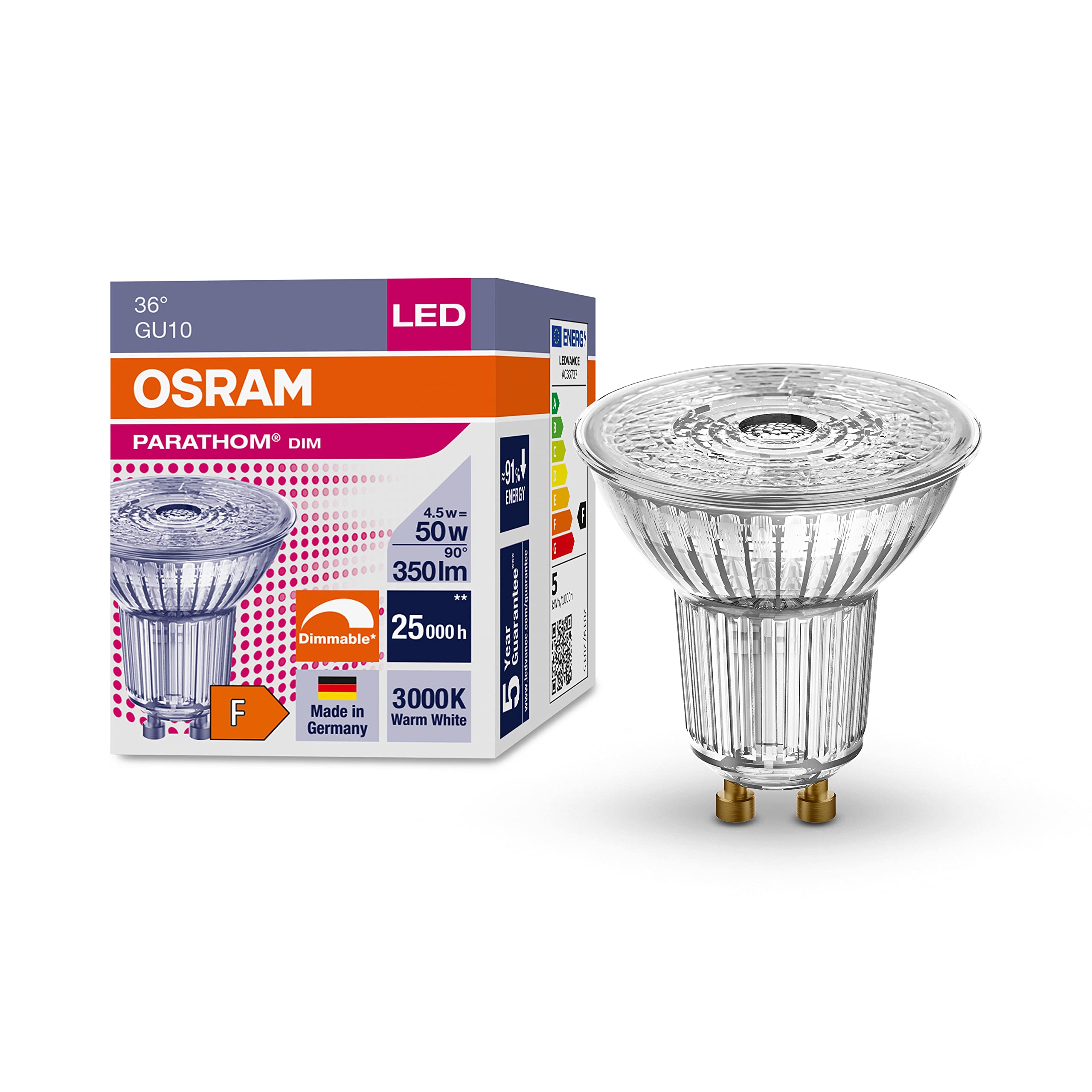 Osram Lamps PAR16 Dimmable LED Reflector Bulbs with Retrofit Plug-in Socket PARATHOM DIM PAR16 50 36° 4.5 W / 3000 K GU10 Clear