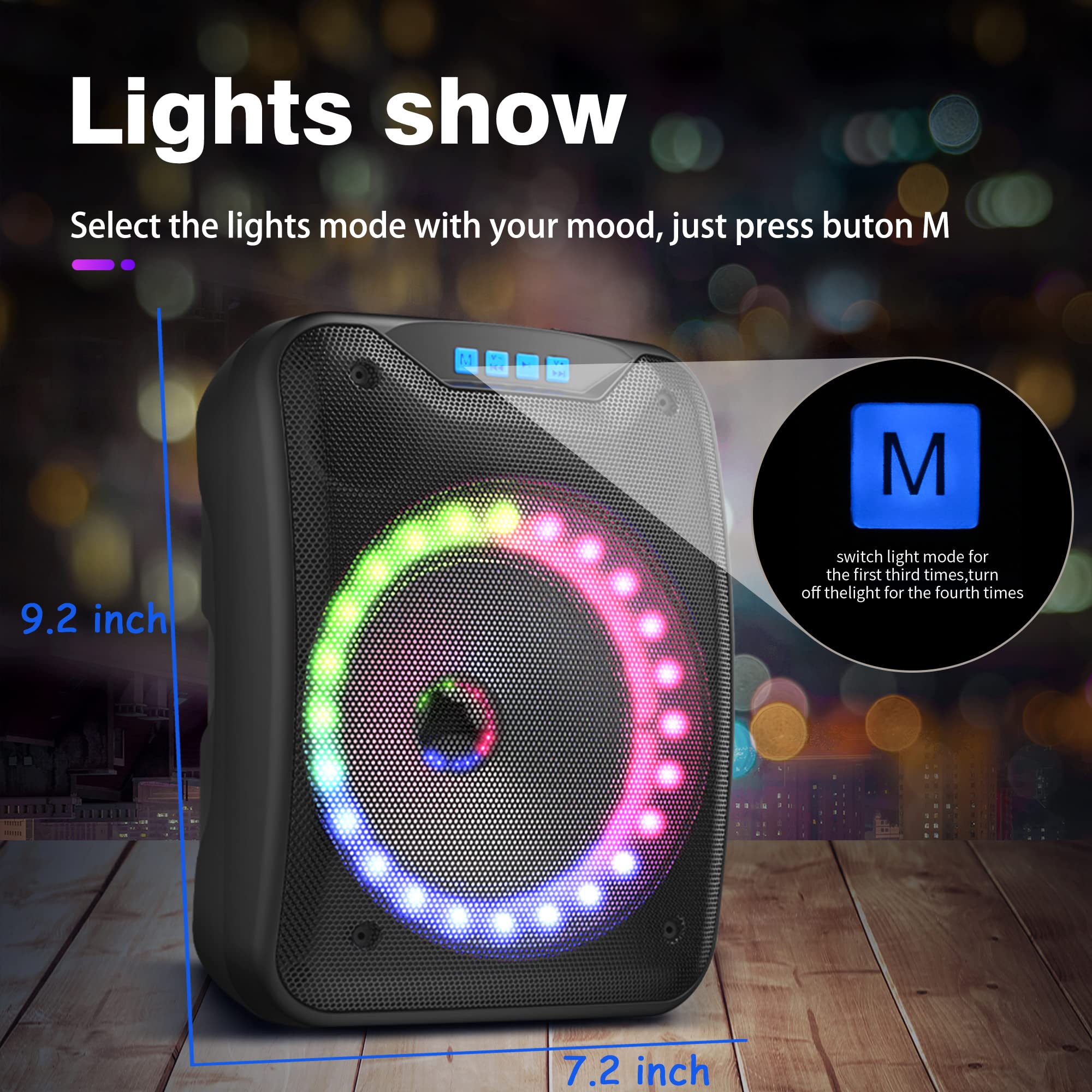 Shinco Portable Wireless Speaker, Compact Size Loud Volume Strong Bass and Colorful Lights, Compatible with Microphone, Bluetooth Speaker for Small Party, Home, Outdoors