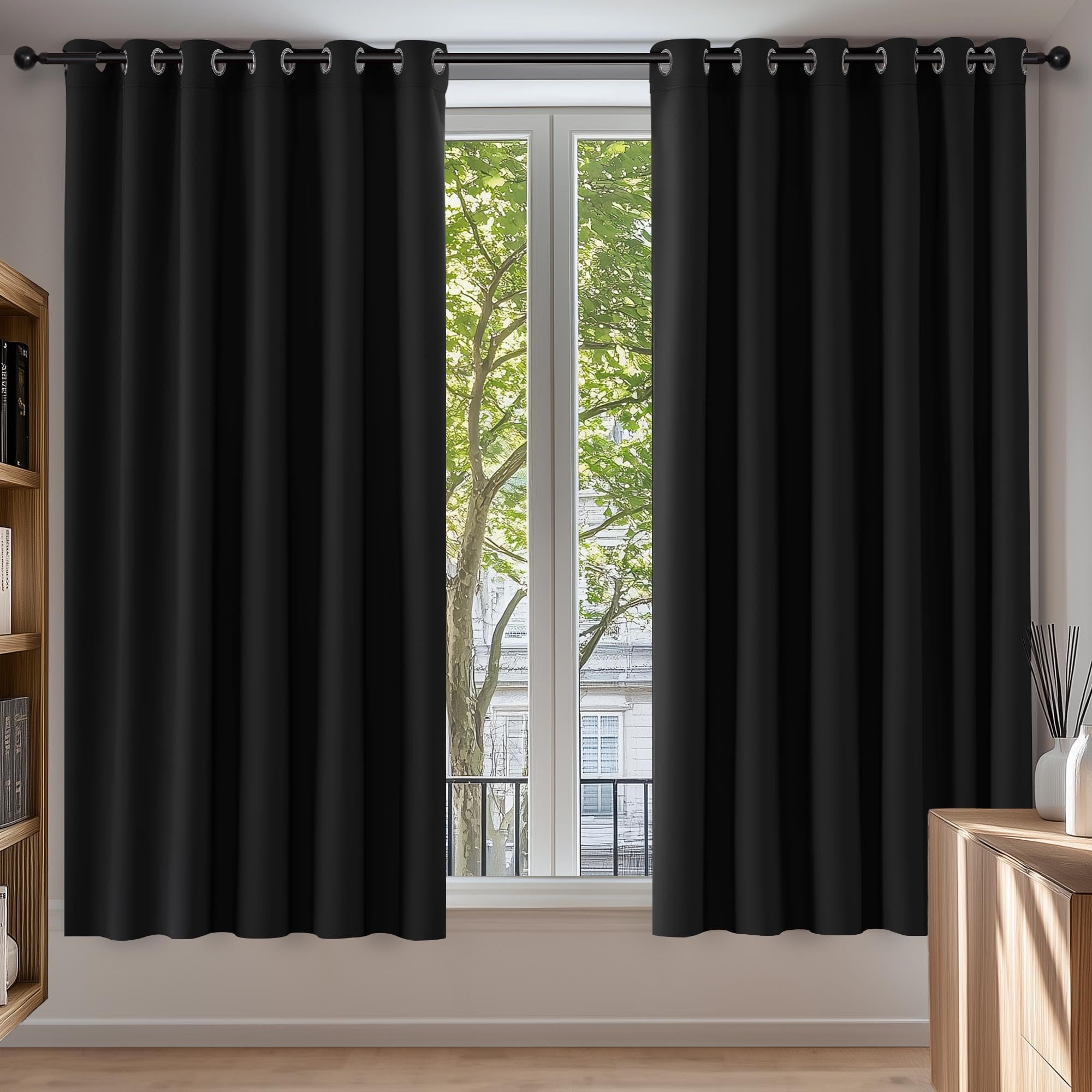Deconovo Thermal Insulated Wide Black out Curtains Energy Saving Noise Reducing Eyelet Blackout Curtains for Bedroom Living Room, 90 x 54 Drop Inch, 1 Pair, Black — image 1