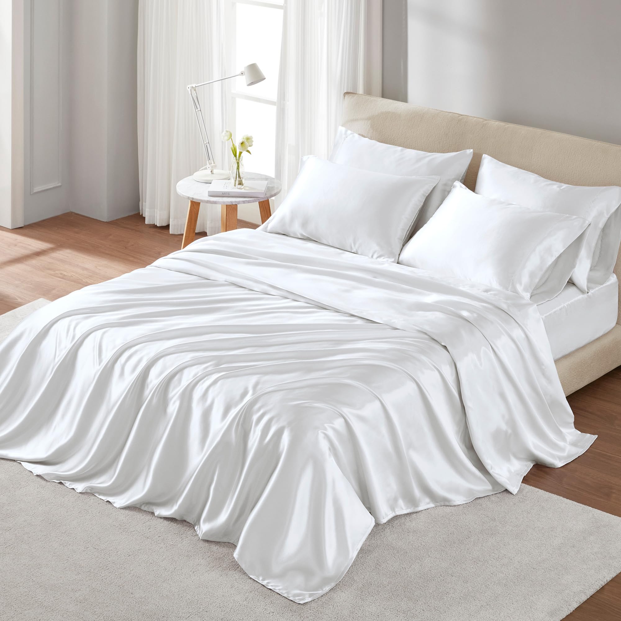 Madison Park Essentials Satin Sheet Set Luxury and Silky with Natural Sheen, Premium 16" Deep Pocket, All Around Elastic - Year-Round Bedding, Queen, White, 6 Piece