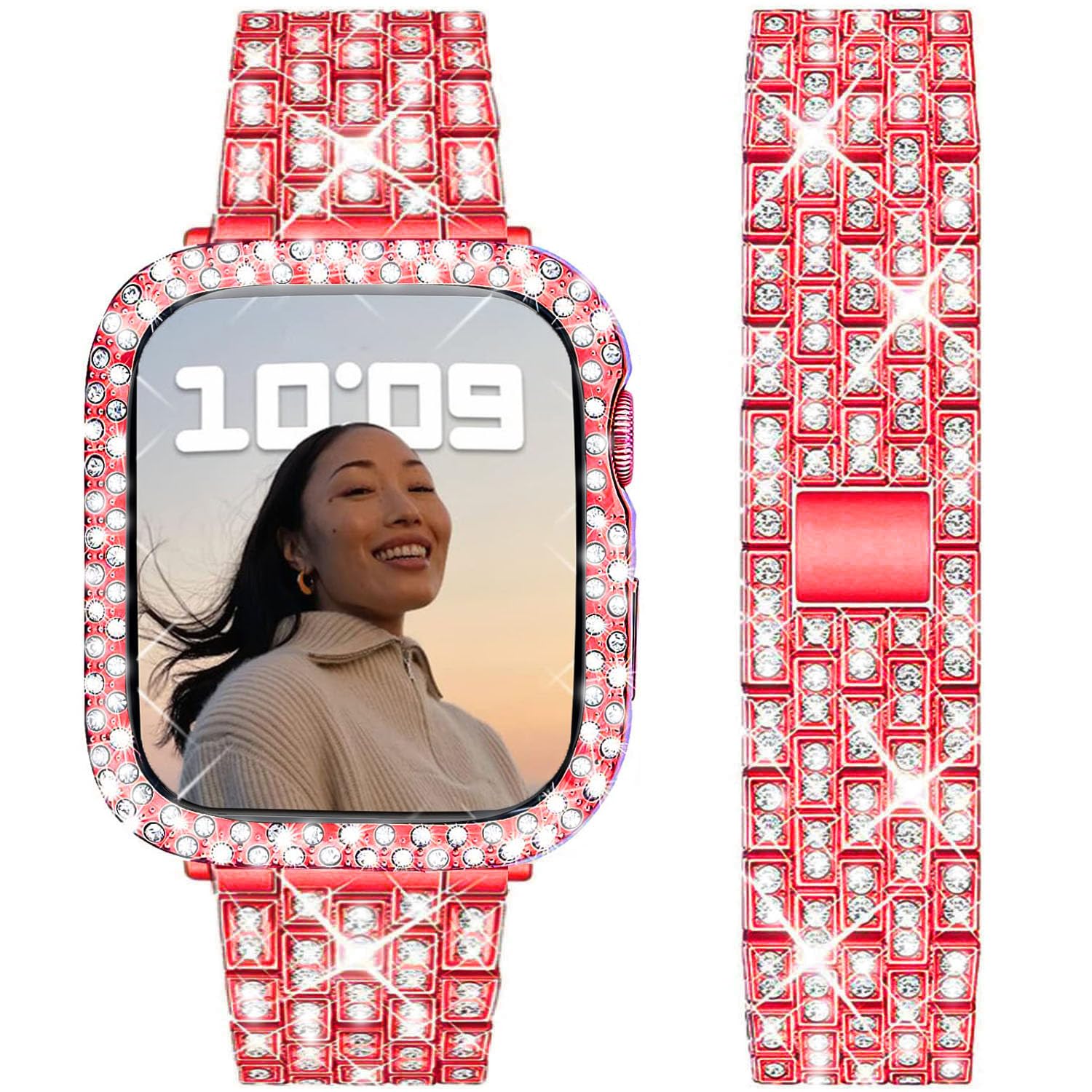 DEALELE Bands and Case Compatible with Apple Watch Series 6/5 / 4 / SE (40mm), Bling Rhinestone Diamond Metal Strap with Protective Case Cover Replacement for iWatch 40mm Women Men (Red)