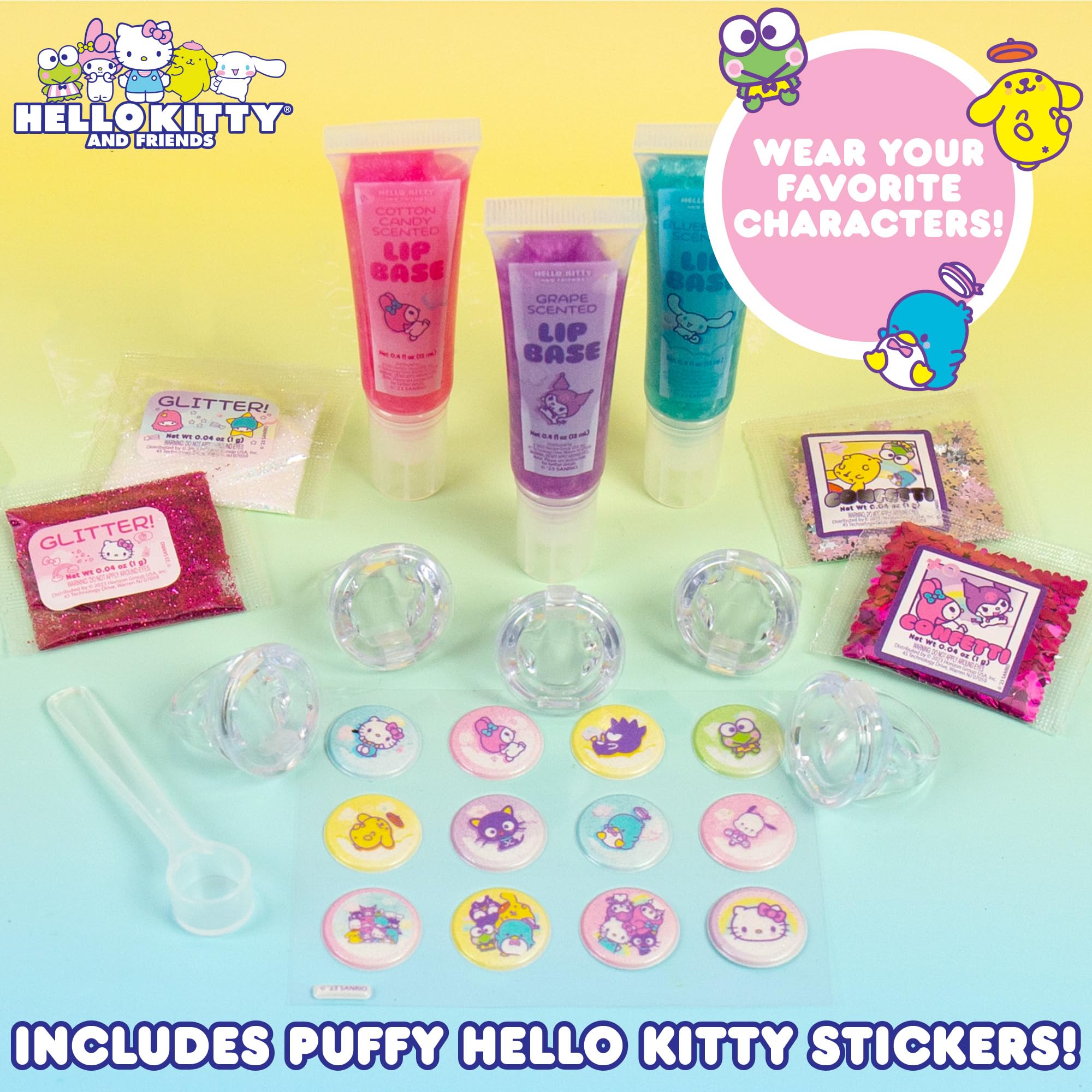Horizon Group USA Sanrio Hello Kitty and Friends Shimmer Lip Gloss Making Kit, Makes 5 Hello Kitty Glitter Lip Gloss Rings, DIY Hello Kitty Lip Gloss Kit, Great Birthday Gift for Ages 6+