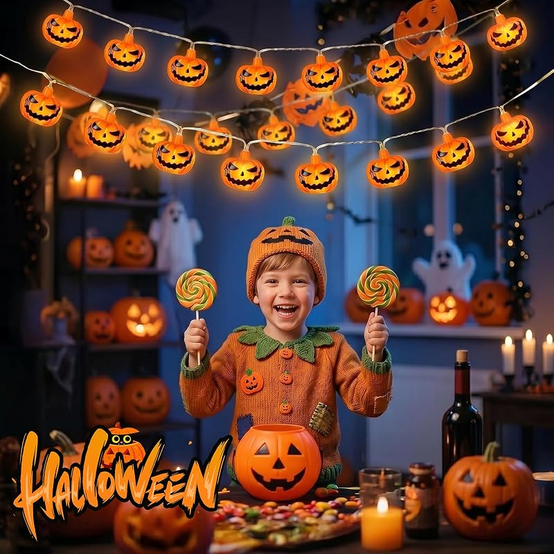 Halloween Lichterkette, 3M 20LED Kürbis Lichterkette Batterie Außen mit 6h Timer, IP65 Wasserdicht Jack-O-Lantern für Halloween Deko, Zombie Themen Partys