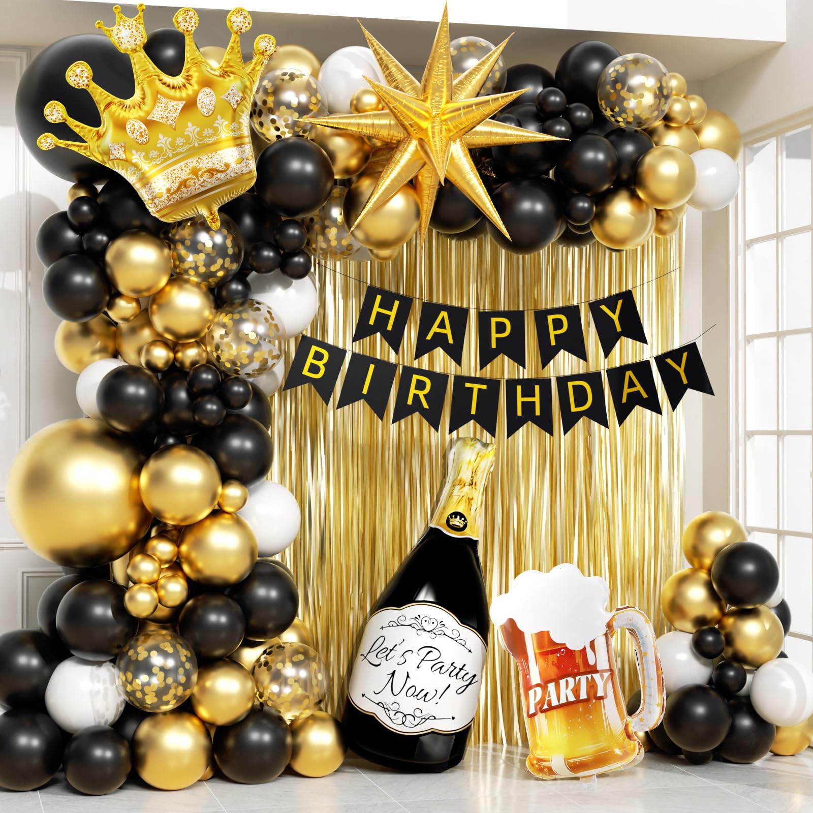 Photo 1 of 107pcs Black Gold Birthday Decorations for Men with Black and Metallic Gold Foil Balloons Happy Birthday Banner for 16th 18th 21st 24th 32th 40th 50th 60th Birthday Decorations for Men