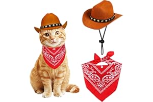 PAYHTOW Pet Cowboy Costume, Cat Dog Halloween Costumes Halloween Pet Cat Dog Cowboy Hat with Bandana Scarf for Cats Small Dogs Pets (Brown, Small)