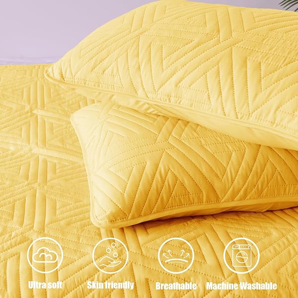 WHALE FLOTILLA SOFT KING SIZE QUILT SET FOR ALL SEASONS, 3-PIECE ULTRASONIC GEOMETRIC QUILTS BEDDING SET, LIGHTWEIGHT REVERSIBLE BEDSPREAD, COVERLET, BED COVER WITH 2 PILLOW SHAMS, YELLOW