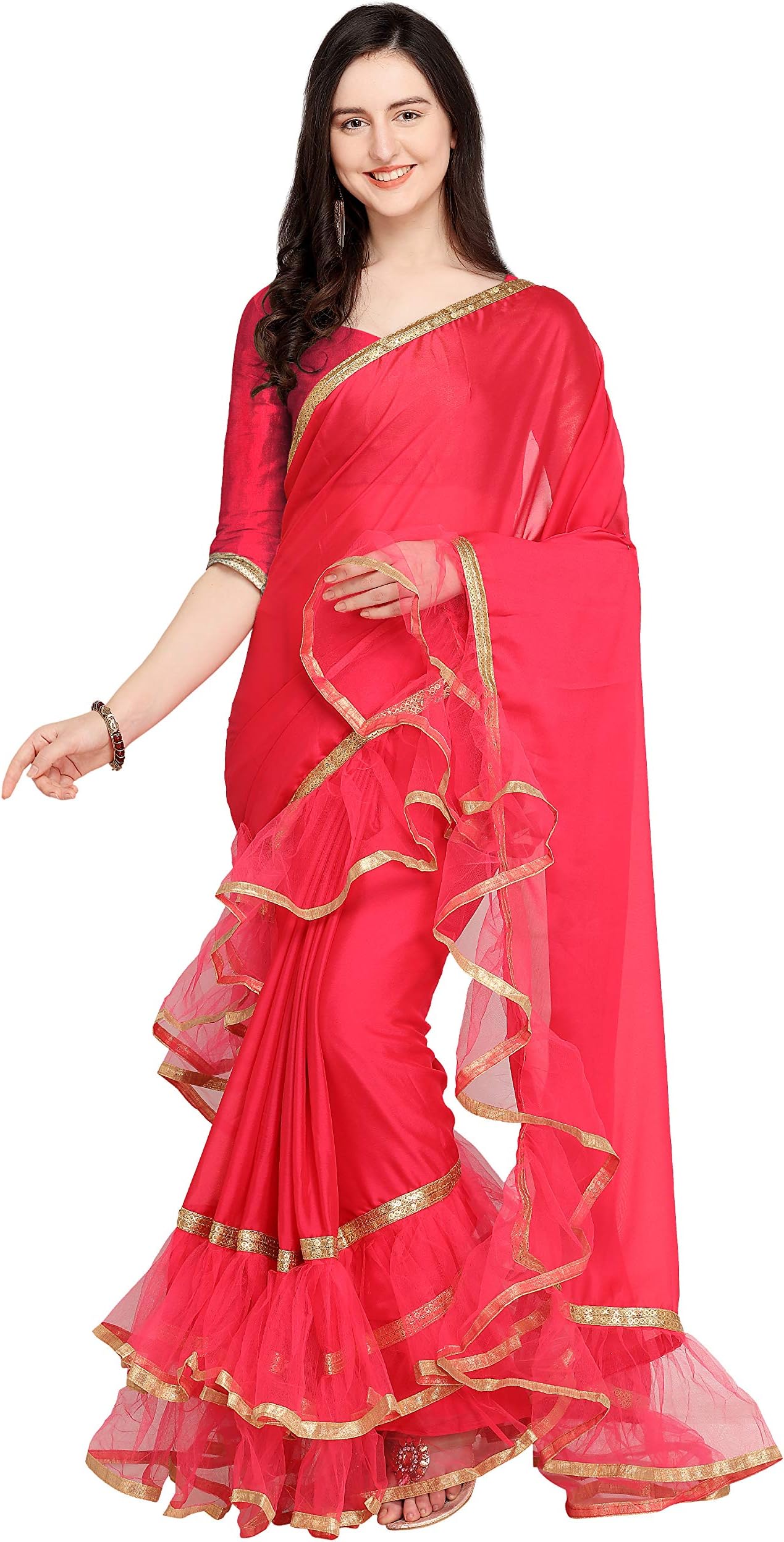 Pink Solid Poly Crepe Saree