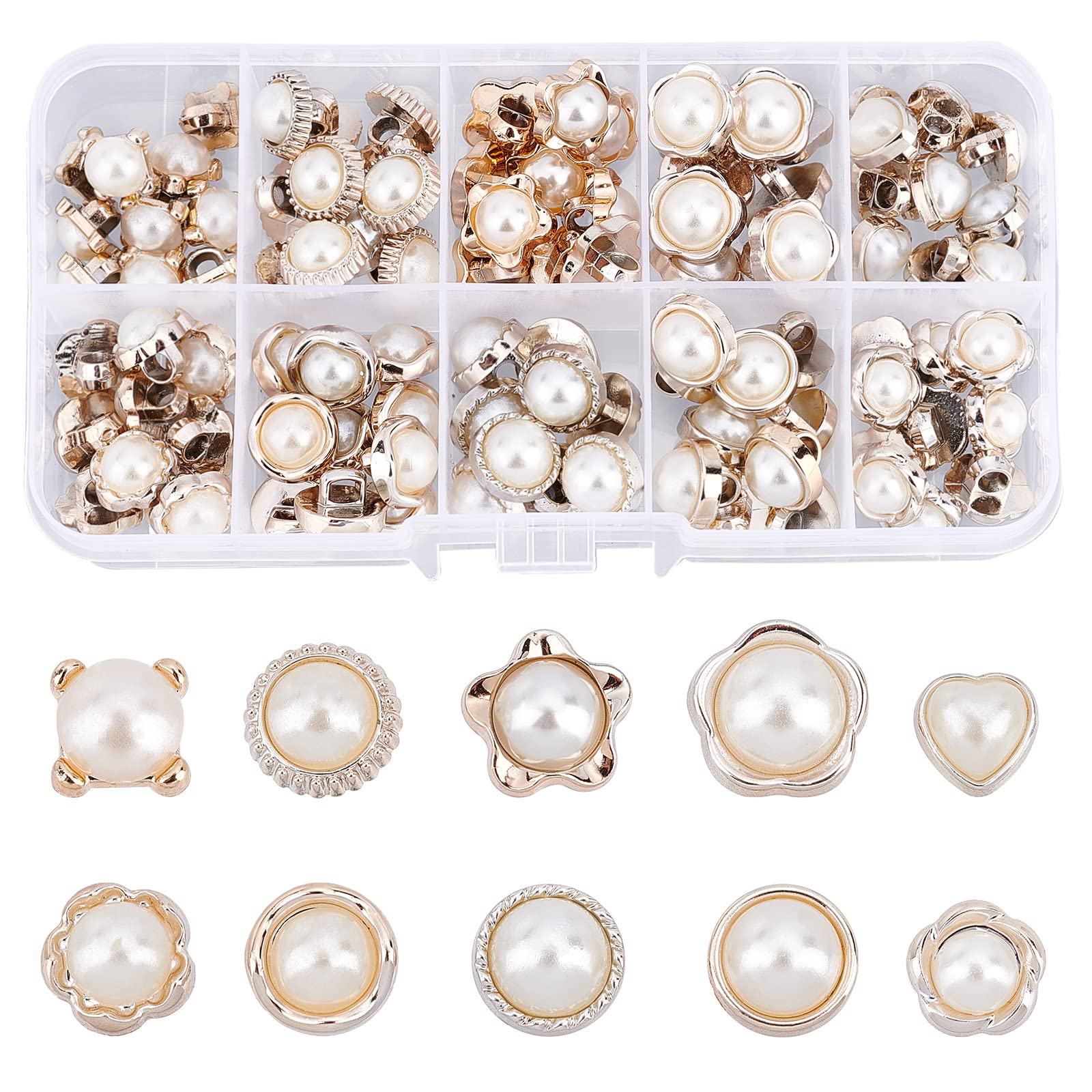 NBEADS 100 Pcs Sew in Faux Imitation Pearl Buttons, 10 Styles Retro Plastic Pearl Buttons with Shank Round Buttons Embellishments Sewing Crafts for Clothes Shirts Suits Coats Sweaters Wedding Dress — image 1