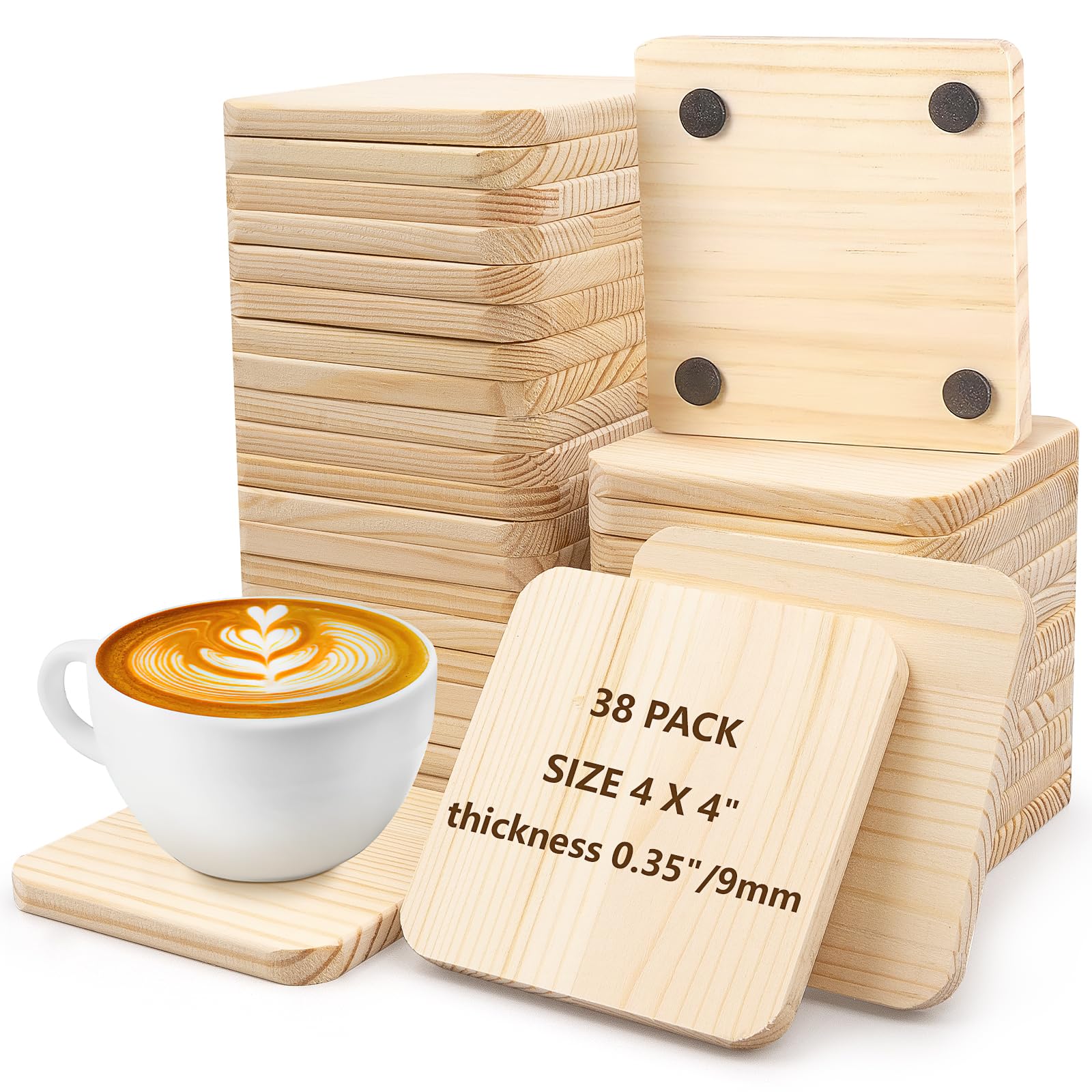 38 Pack Unfinished Wood Coasters, 10cm Wooden Coasters Square Blank Crafts Coasters Thick Wood Pieces with 150 Non-Slip Silicon Dots for DIY Drawing Painting Wood Engraving Decoration