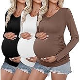 Ficerd 3 Pack Womens Maternity Shirts, Long Sleeve V-Neck T-Shirts Side Ruched Maternity Tunic Tops Casual Pregnancy Clothes
