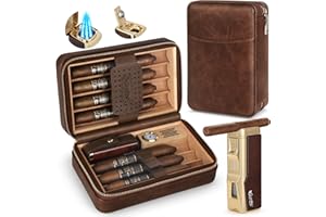 Scotte Cigar Humidor Box, Cigar Lighter Cedar Wood Lined Leather Cigar Case Built in Hygrometer & Humidifier, Torch Lighter with Cigar Holder Cigar Punch Portable Travel Cigar Humidor (Smooth Brown)