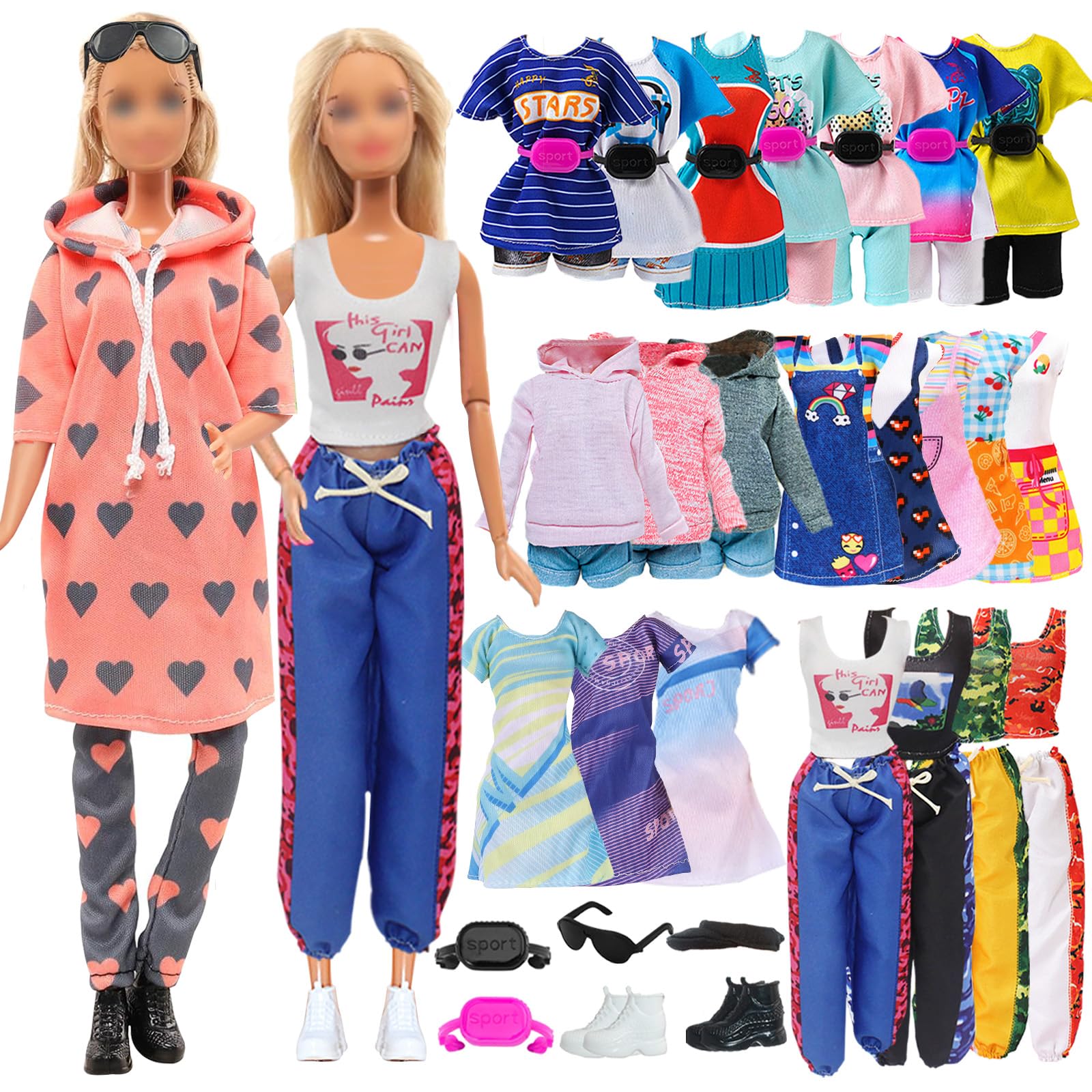 18 Pcs Doll Clothes and Accessories, for 11.5inch/30cm Dolls, Sports Random Style 1 Hooded Sweatshirt 3 Sportswear 1 Vest 3 Pant 1 Baseball Hat 2 Sneaker 4 Dress 1 Sunglasses 2 Waist Bag Girls Gifts