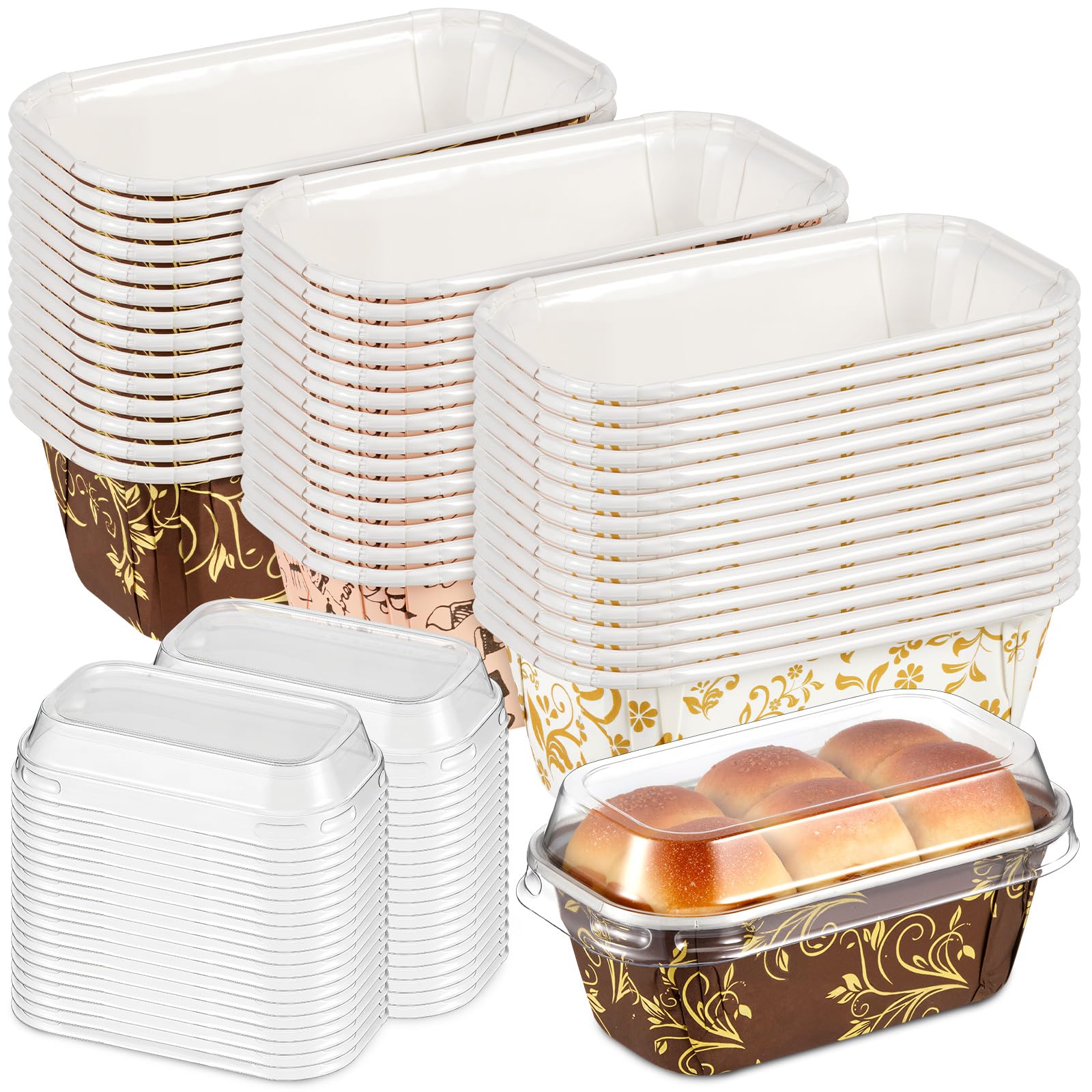Photo 1 of ***SMALL***Baderke 60 Pcs 3.1 x 1.5 x 1.5 Inches Mini Paper Loaf Pan Disposable Baking Pan with Lids Paper Kraft Pans Supply for Valentines Day Cake Bread Oven Loaf Bakery Holiday Gifts