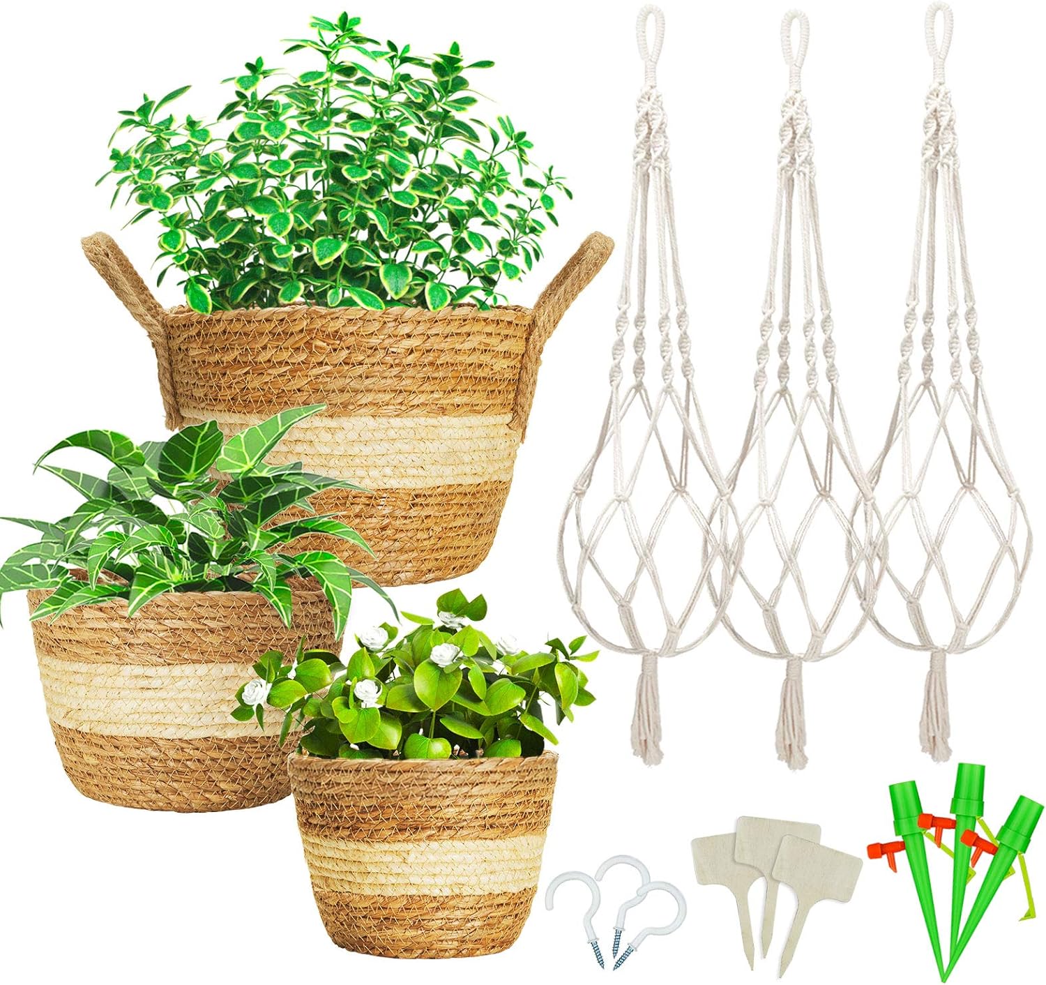 Greenstell Hanging Planters with Seagrass Planter Basket - Set of 3 Hand Woven Hanging Planter Basket Indoor Outdoor Plant Hangers and Flower Pots Cover Containers for Home Decor (Seagrass White)