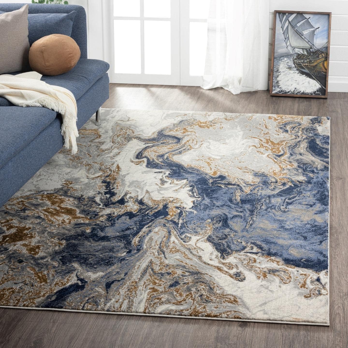Rugs, Pads & Protectors - LUXE WEAVERS Marble Collection Blue Area Rug 8x10 Modern Abstract Swirl Design Non-Shedding Carpet