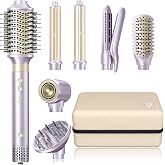 Hair Dryer Brush 7-in-1 Dual Voltage Hot Air Styler &ndash; Fast-Drying 110,000 RPM Ionic Blow Dryer with Straightener &amp; Curler Attachments, Frizz-Free Volumizing Styler with Protective Hard Case-Purple