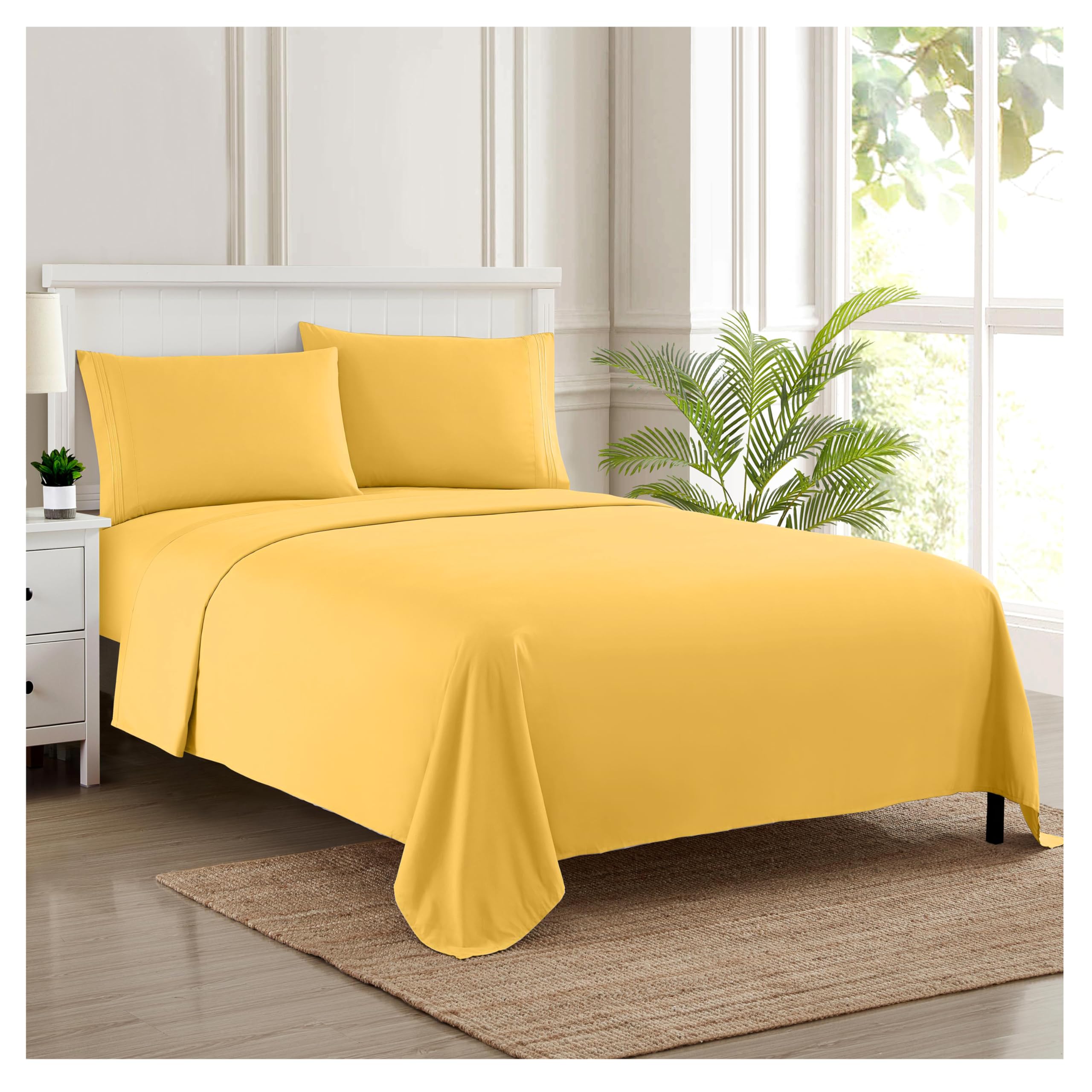 Sweet Home Collection Luxury Bedding Set with Flat, Fitted Sheet, 2 Pillow Cases, Microfiber, Yellow, Twin