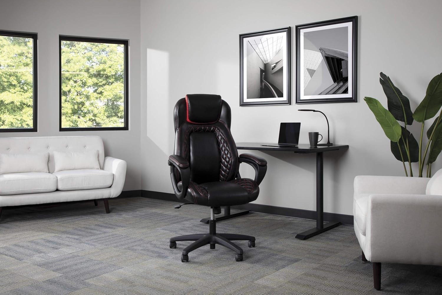 OFM Essentials Collection Racing Style SofThread Leather High Back Office Chair, in Red: Furniture & Decor