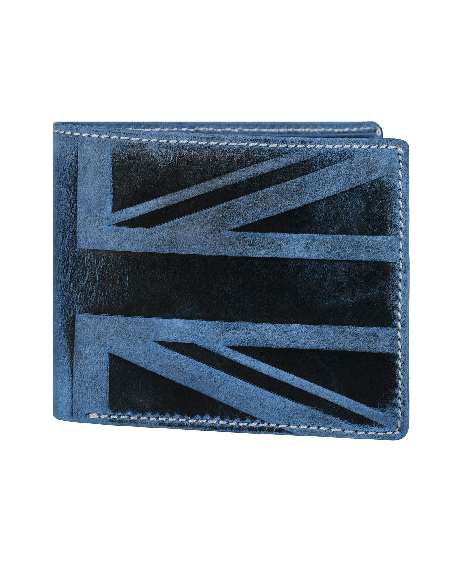 Hudson & James Designer London Real Distressed Leather Mens Wallet with Zip Coin Pocket Credit Carder Holder Bifold Purse UK Union Jack (Blue)