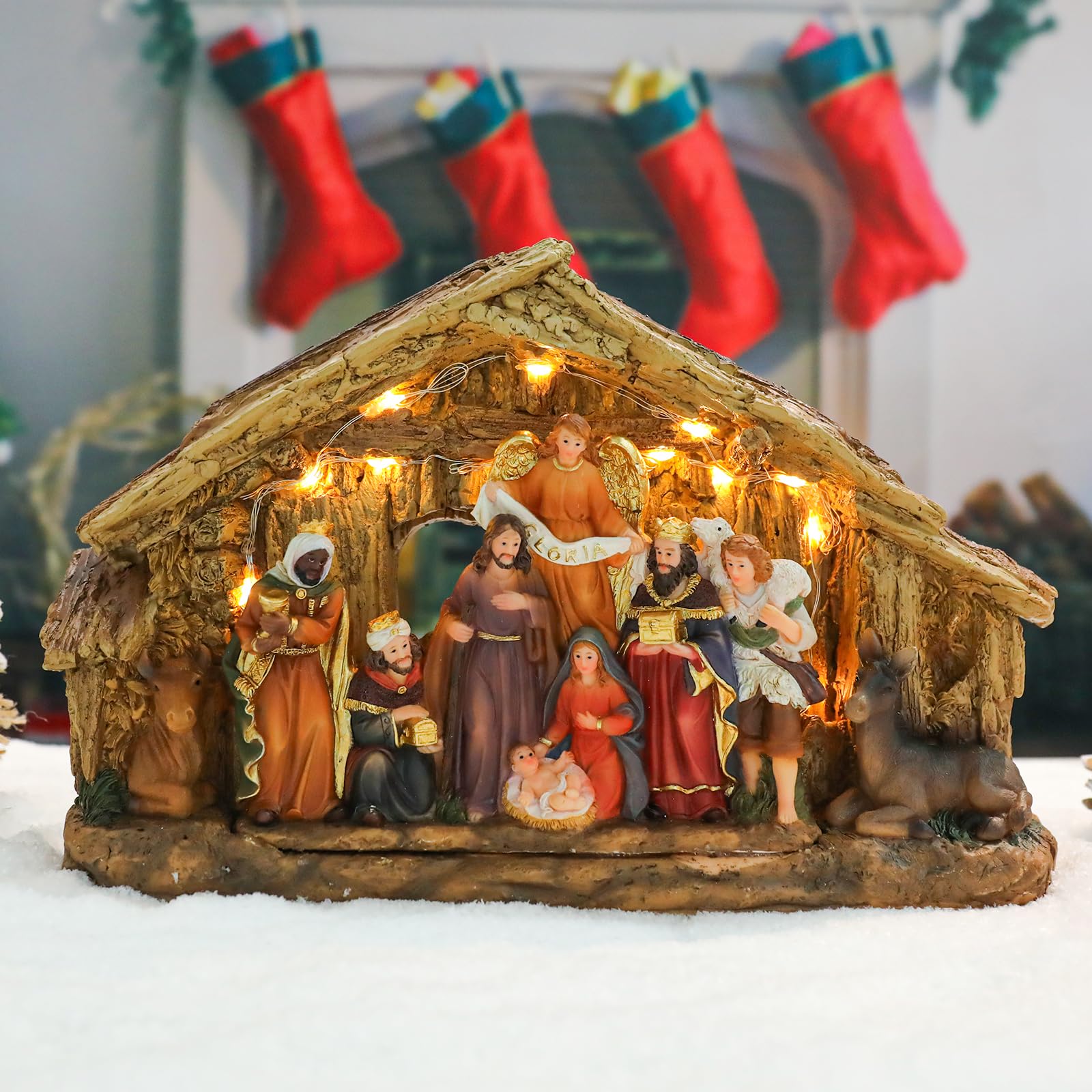 Photo 1 of Chonsun Nativity Sets 7 Inch Christmas Village Nativity Scene Indoor Manger LED Lights Scene Christmas Village Xmas Tabletop Decorations Holiday Displays