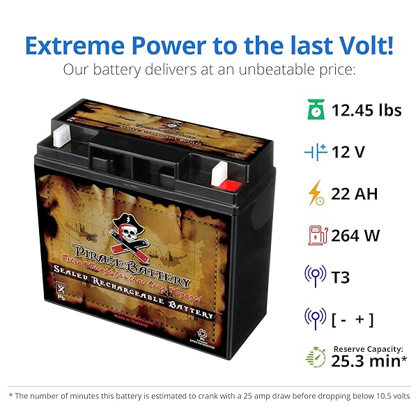 PIRATE BATTERY 12 V 22 AH AGM SEALED LEAD‑ACID BATTERY – T3 NUT & BOLT TERMINALS – MAINTENANCE‑FREE BACKUP POWER FOR ALARM SYSTEMS, SCOOTERS, TOYS, EMERGENCY & SECURITY LIGHTING