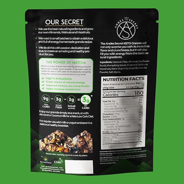 ANDES SECRET MATCHA POWDER GRANOLA – ALMONDS, HAZELNUTS – KETO HIGH PROTEIN GRANOLA WITH NO SUGAR, GRAIN & GLUTEN FREE – 11 OZ (1 PACK)