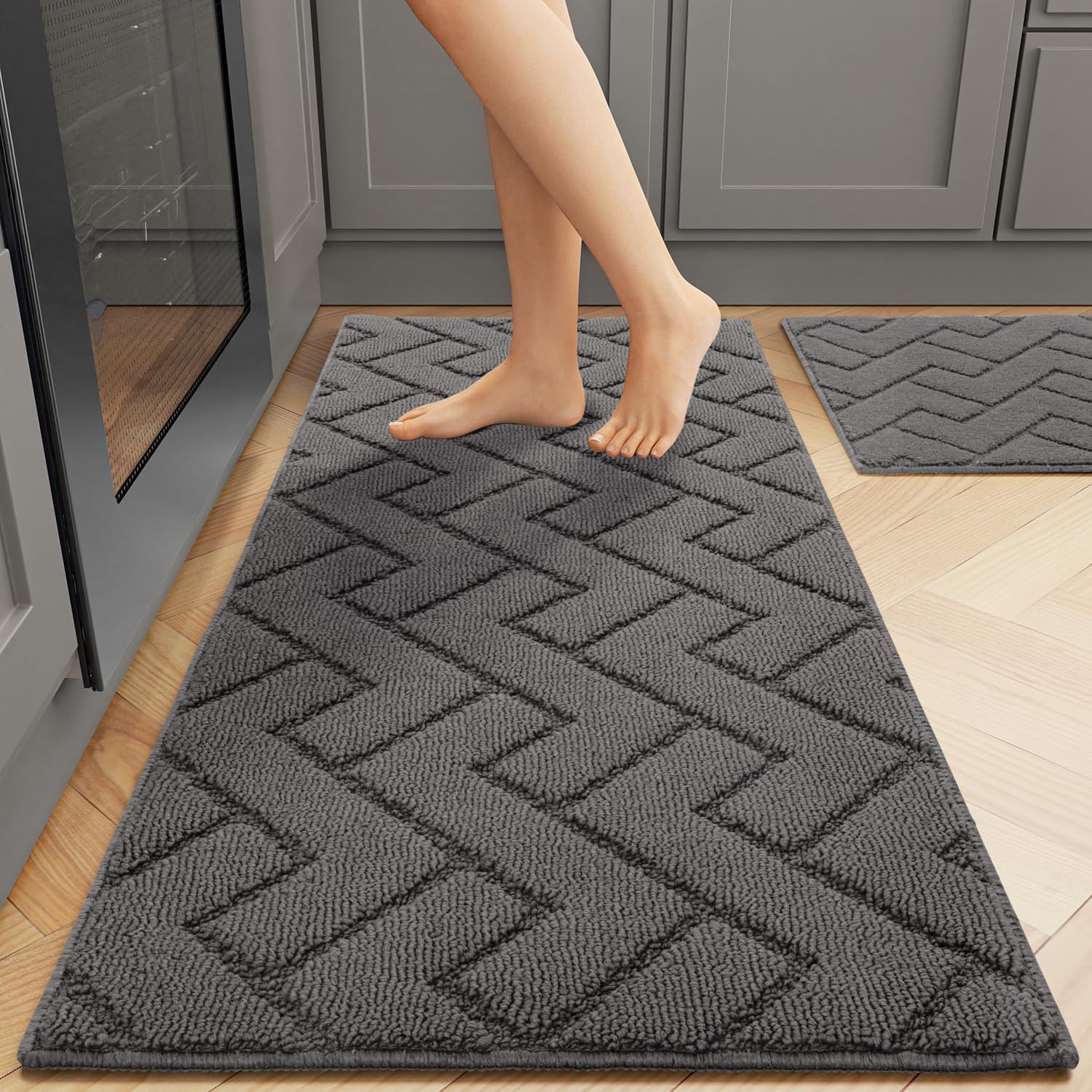 Photo 1 of hicorfe Kitchen Rugs and Mats Sets,2 Pieces Super Absorbent Polypropylene Non-Slip Rug,Soft Comfort Floor Mat,Machine Wash for Kitchen,Hallway,Office,Sink,Laundry(20" x 31.5"+20" x 48",Grey)